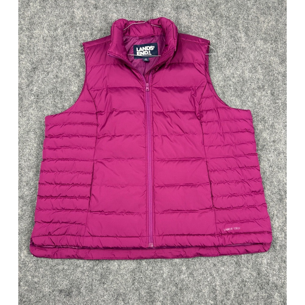 Lands End Womens 1X Puffer Vest Magenta Pink Quilted Full Zip Sleeveless Jacket